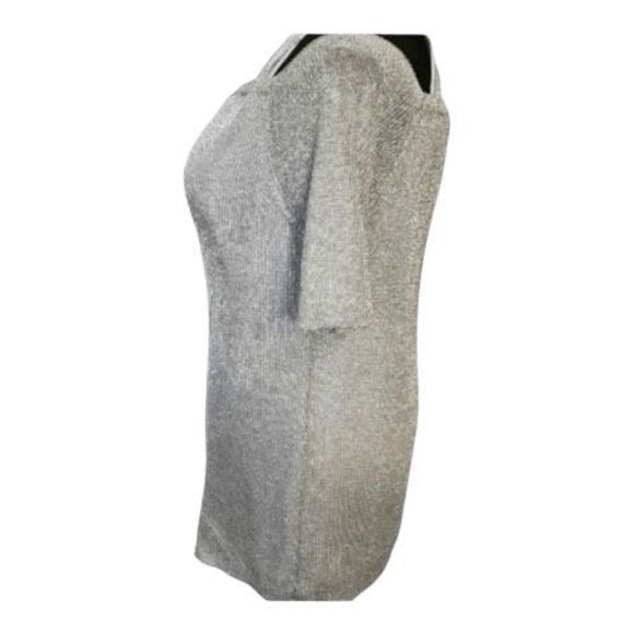 Chico's Grey Metallic Knit 3/4 Sleeve Cold Shoulder Tunic Size 2(L) Pullover - Picture 6 of 13